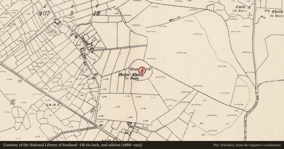 Ordnance Survey six-inch map, 2nd edition (1888–1915) covering the location of Church, Moyne, County Mayo, with a pin at the register's coordinates