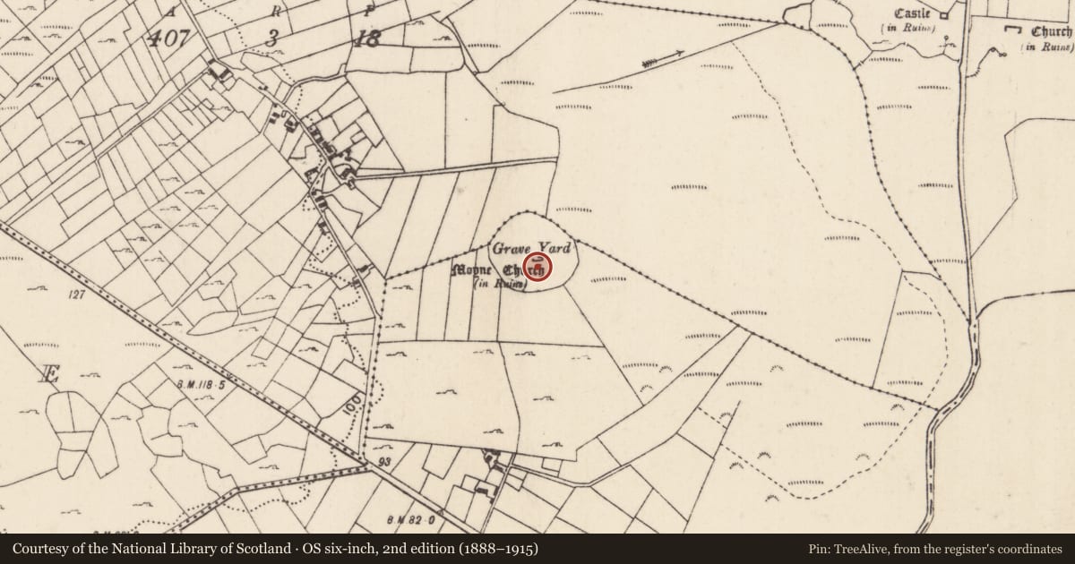 Ordnance Survey six-inch map, 2nd edition (1888–1915) covering the location of Graveyard, Moyne, County Mayo, with a pin at the register's coordinates