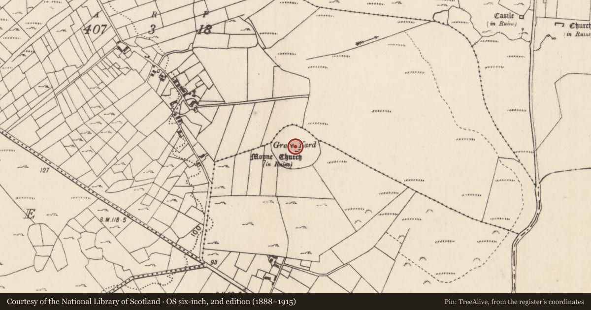 Ordnance Survey six-inch map, 2nd edition (1888–1915) covering the location of Water mill - horizontal-wheeled, Moyne, County Mayo, with a pin at the register's coordinates
