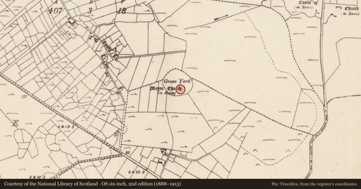 Ordnance Survey six-inch map, 2nd edition (1888–1915) covering the location of Church, Moyne, County Mayo, with a pin at the register's coordinates