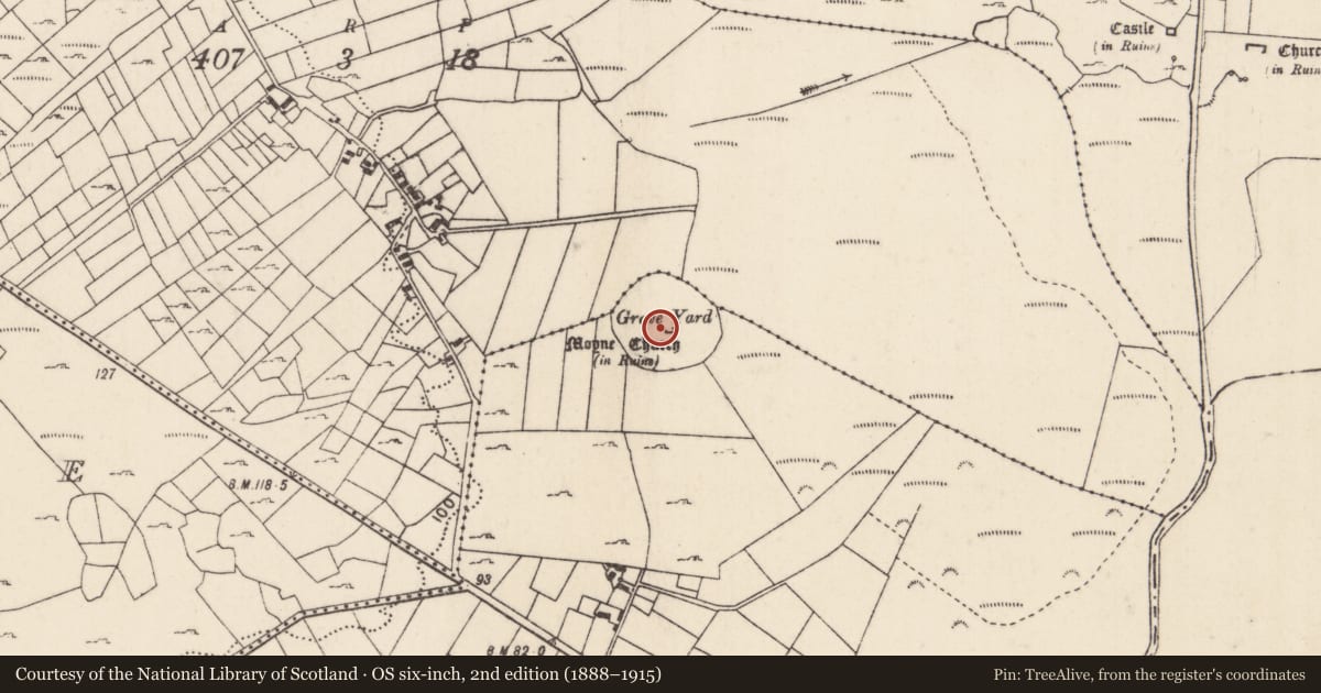 Ordnance Survey six-inch map, 2nd edition (1888–1915) covering the location of Standing stone - pair, Moyne, County Mayo, with a pin at the register's coordinates