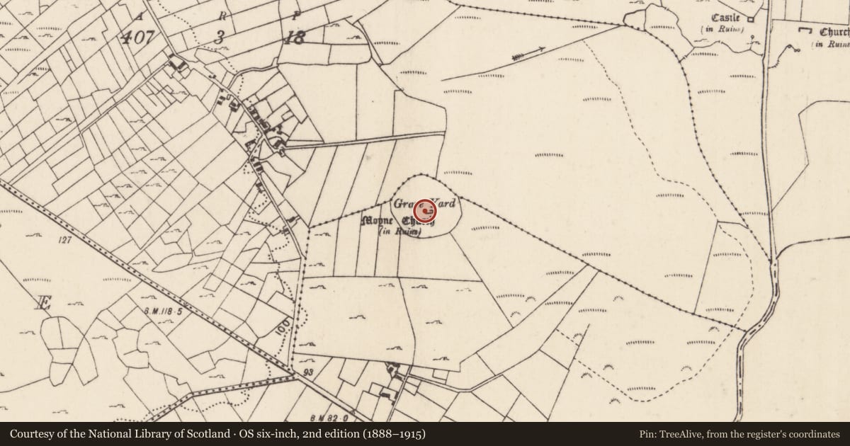 Ordnance Survey six-inch map, 2nd edition (1888–1915) covering the location of Bullaun stone, Moyne, County Mayo, with a pin at the register's coordinates