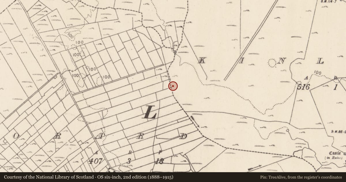 Ordnance Survey six-inch map, 2nd edition (1888–1915) covering the location of Burnt mound, Kinlough, County Mayo, with a pin at the register's coordinates