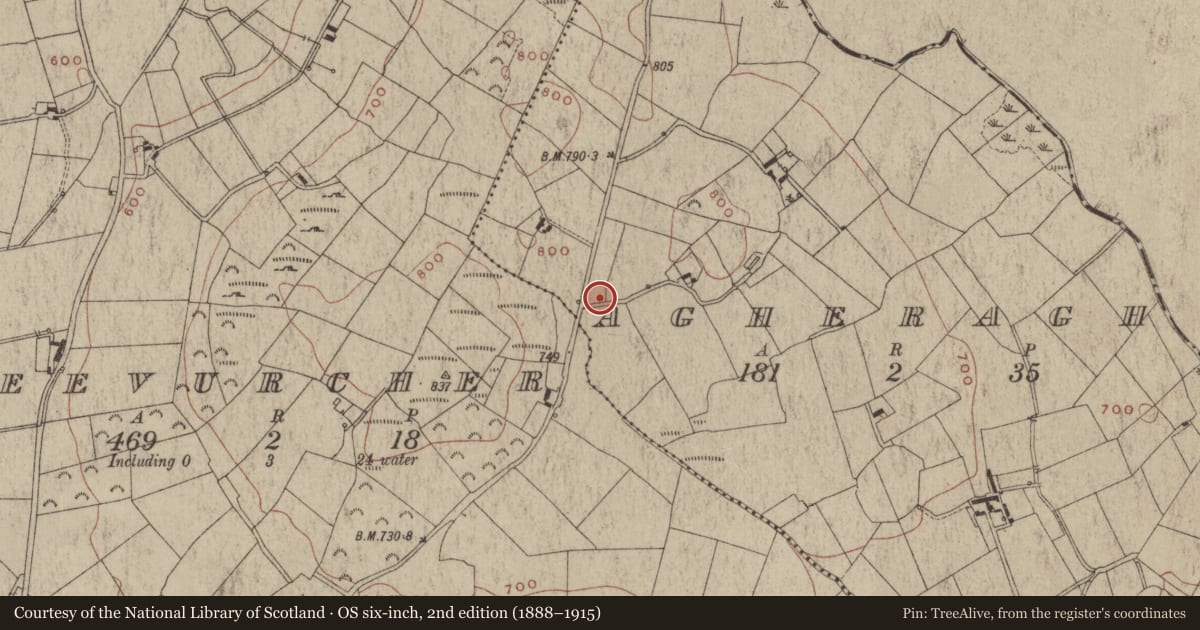 Ordnance Survey six-inch map, 2nd edition (1888–1915) covering the location of Fulacht fia, Agheragh, County Meath, with a pin at the register's coordinates