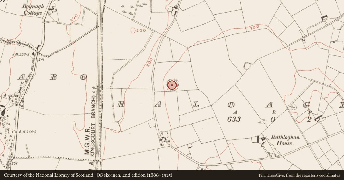 Ordnance Survey six-inch map, 2nd edition (1888–1915) covering the location of Ringfort - rath, Raloaghan, County Meath, with a pin at the register's coordinates