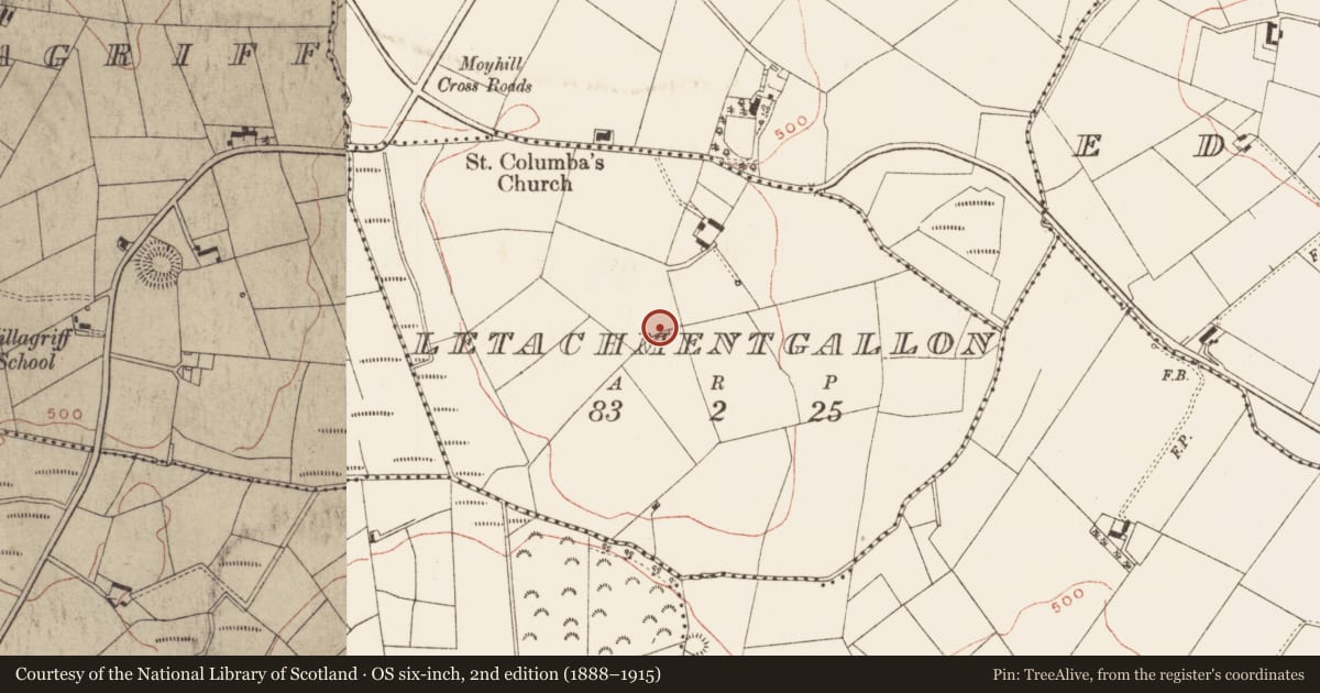 Ordnance Survey six-inch map, 2nd edition (1888–1915) covering the location of Ringfort - rath, Letachmentgallon, County Meath, with a pin at the register's coordinates