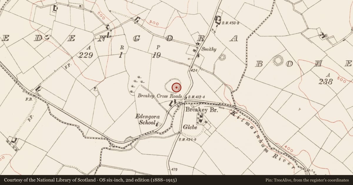 Ordnance Survey six-inch map, 2nd edition (1888–1915) covering the location of Hut site, Edengora, County Meath, with a pin at the register's coordinates