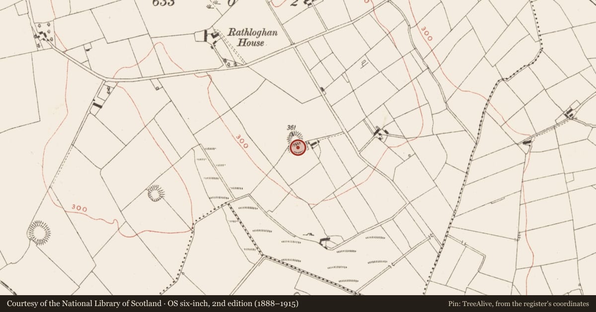 Ordnance Survey six-inch map, 2nd edition (1888–1915) covering the location of Enclosure, Raloaghan, County Meath, with a pin at the register's coordinates