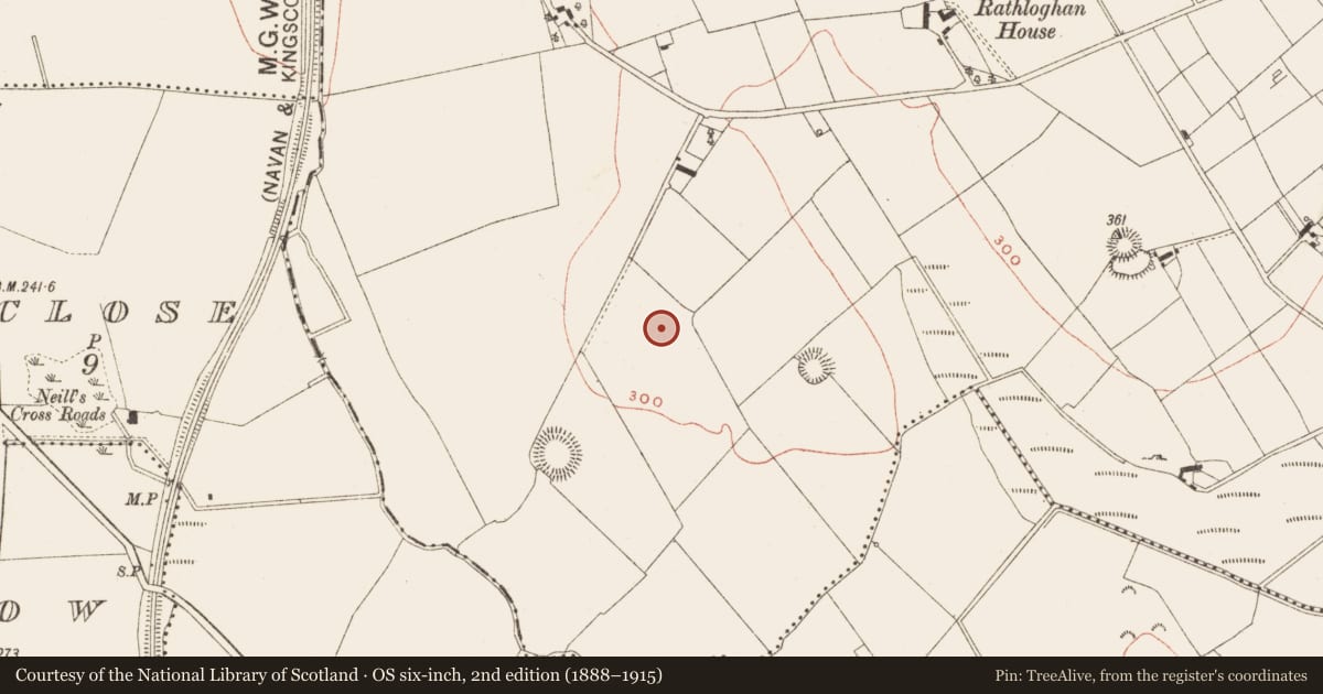 Ordnance Survey six-inch map, 2nd edition (1888–1915) covering the location of Enclosure, Raloaghan, County Meath, with a pin at the register's coordinates