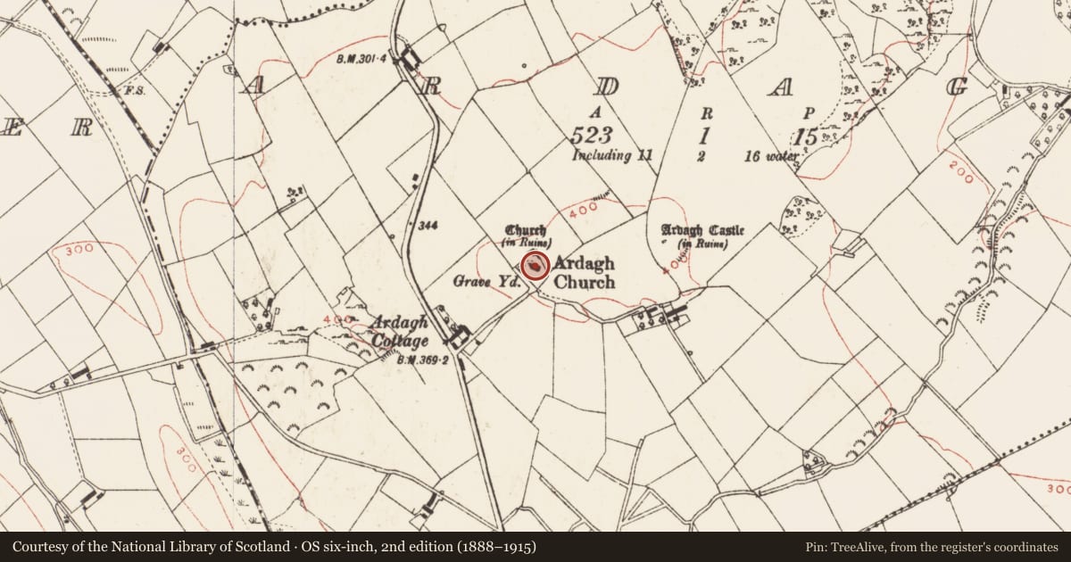 Ordnance Survey six-inch map, 2nd edition (1888–1915) covering the location of Church, Ardagh, County Meath, with a pin at the register's coordinates