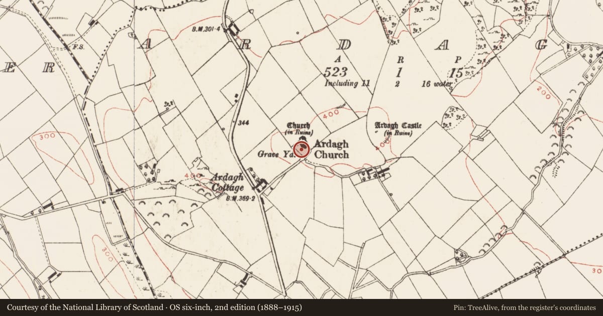 Ordnance Survey six-inch map, 2nd edition (1888–1915) covering the location of Bullaun stone, Ardagh, County Meath, with a pin at the register's coordinates
