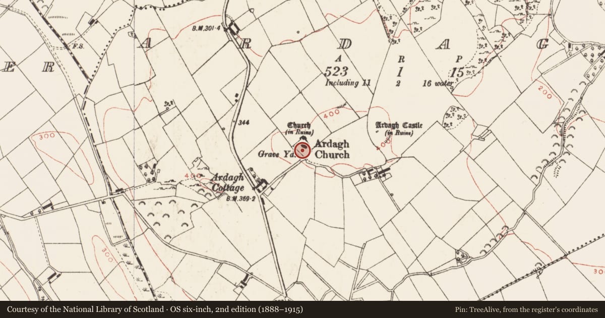 Ordnance Survey six-inch map, 2nd edition (1888–1915) covering the location of Font, Ardagh, County Meath, with a pin at the register's coordinates