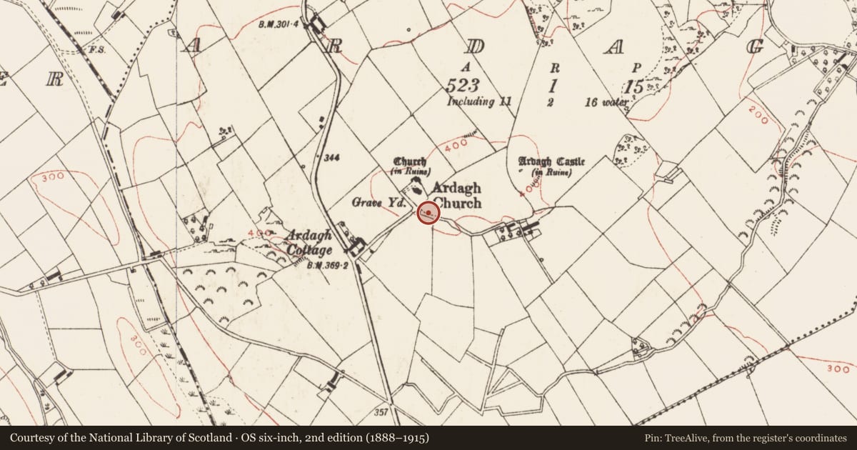 Ordnance Survey six-inch map, 2nd edition (1888–1915) covering the location of Cross, Ardagh, County Meath, with a pin at the register's coordinates