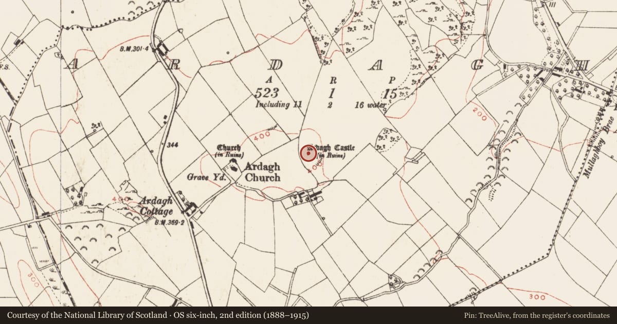 Ordnance Survey six-inch map, 2nd edition (1888–1915) covering the location of Castle - unclassified, Ardagh, County Meath, with a pin at the register's coordinates