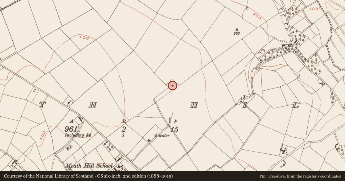 Ordnance Survey six-inch map, 2nd edition (1888–1915) covering the location of Moated site, Meath Hill, County Meath, with a pin at the register's coordinates