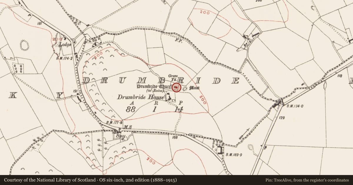 Ordnance Survey six-inch map, 2nd edition (1888–1915) covering the location of Church, Drumbride, County Meath, with a pin at the register's coordinates