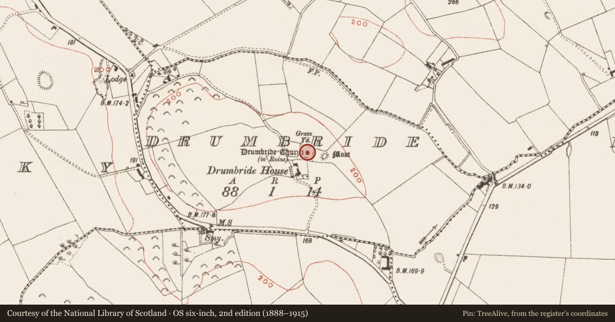 Ordnance Survey six-inch map, 2nd edition (1888–1915) covering the location of Graveyard, Drumbride, County Meath, with a pin at the register's coordinates