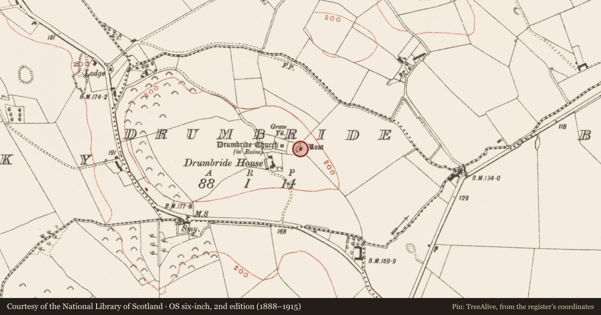 Ordnance Survey six-inch map, 2nd edition (1888–1915) covering the location of Castle - motte, Drumbride, County Meath, with a pin at the register's coordinates