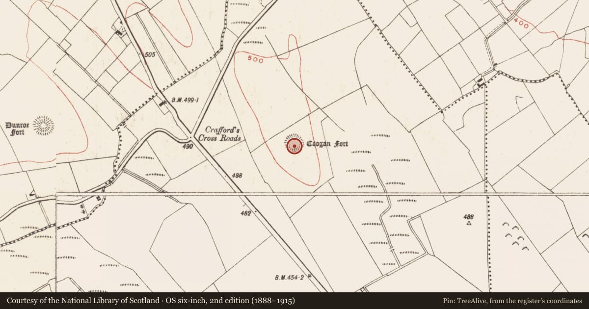 Ordnance Survey six-inch map, 2nd edition (1888–1915) covering the location of Hut site, Cregg, County Meath, with a pin at the register's coordinates