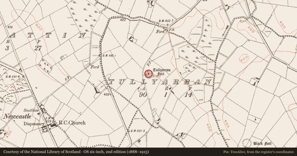 Ordnance Survey six-inch map, 2nd edition (1888–1915) covering the location of Ringfort - rath, Tullyarran, County Meath, with a pin at the register's coordinates