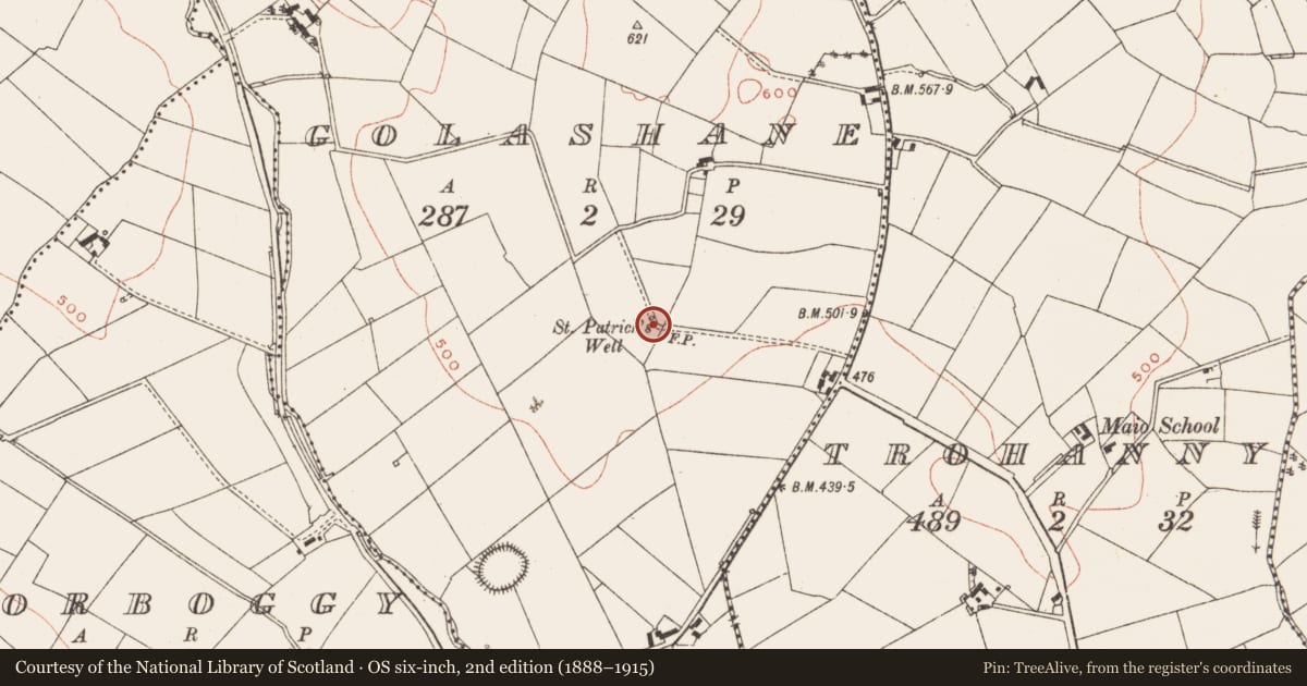 Ordnance Survey six-inch map, 2nd edition (1888–1915) covering the location of Ritual site - holy well, Golashane, County Meath, with a pin at the register's coordinates