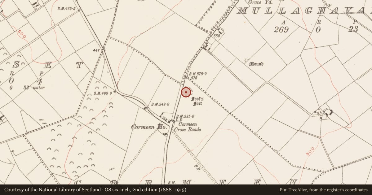 Ordnance Survey six-inch map, 2nd edition (1888–1915) covering the location of Ringfort - rath, Cormeen (Kells Lower By., Moybologue Par.), County Meath, with a pin at the register's coordinates