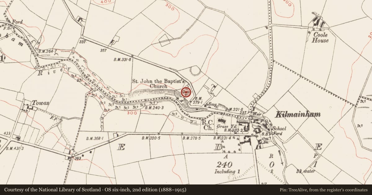 Ordnance Survey six-inch map, 2nd edition (1888–1915) covering the location of Church, Kilmainhamwood, County Meath, with a pin at the register's coordinates