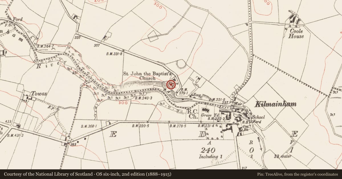 Ordnance Survey six-inch map, 2nd edition (1888–1915) covering the location of Graveslab, Kilmainhamwood, County Meath, with a pin at the register's coordinates