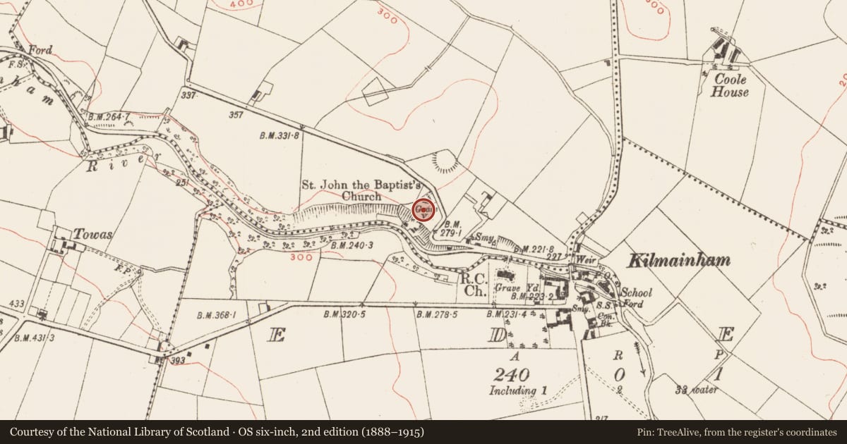 Ordnance Survey six-inch map, 2nd edition (1888–1915) covering the location of Graveyard, Kilmainhamwood, County Meath, with a pin at the register's coordinates