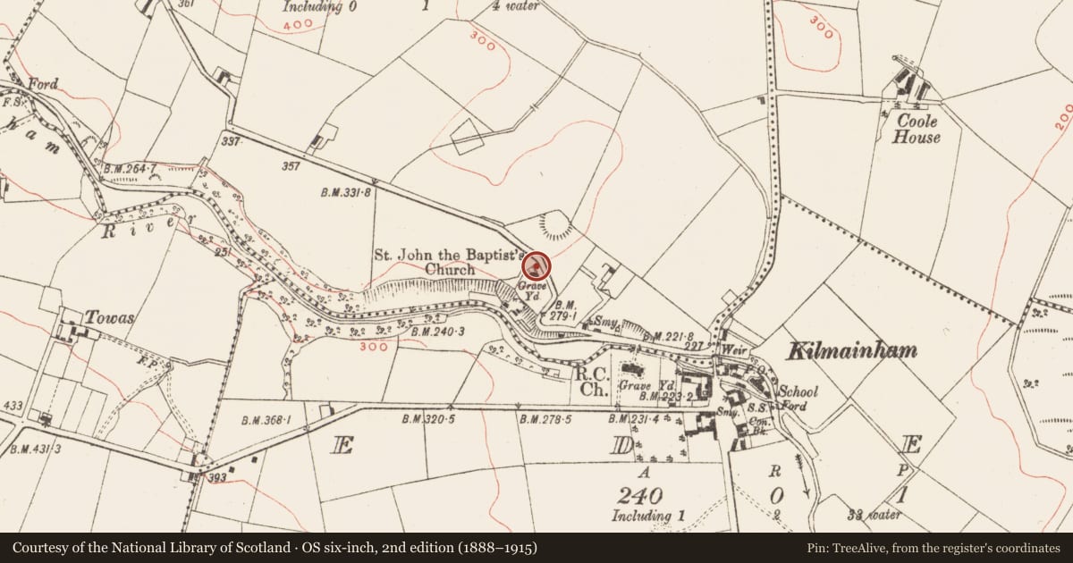 Ordnance Survey six-inch map, 2nd edition (1888–1915) covering the location of Font, Kilmainhamwood, County Meath, with a pin at the register's coordinates