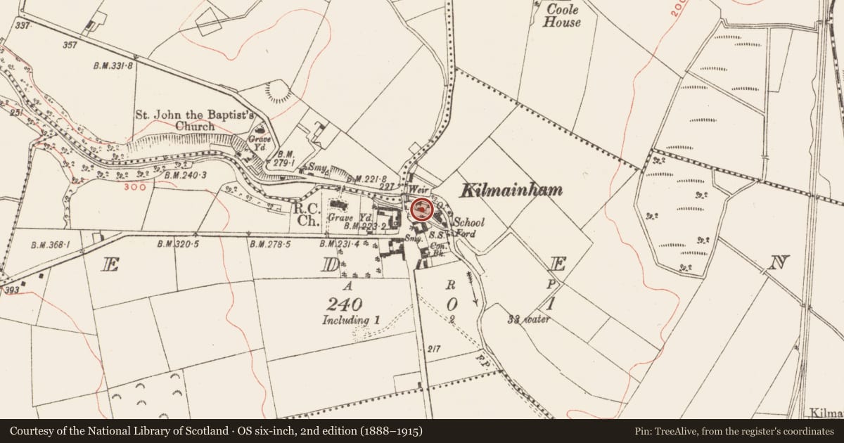 Ordnance Survey six-inch map, 2nd edition (1888–1915) covering the location of Cross, Eden, County Meath, with a pin at the register's coordinates