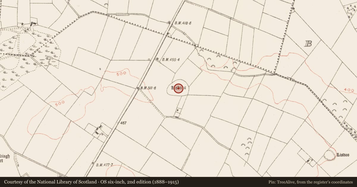 Ordnance Survey six-inch map, 2nd edition (1888–1915) covering the location of Enclosure - large enclosure, Ardmaghbreague, County Meath, with a pin at the register's coordinates
