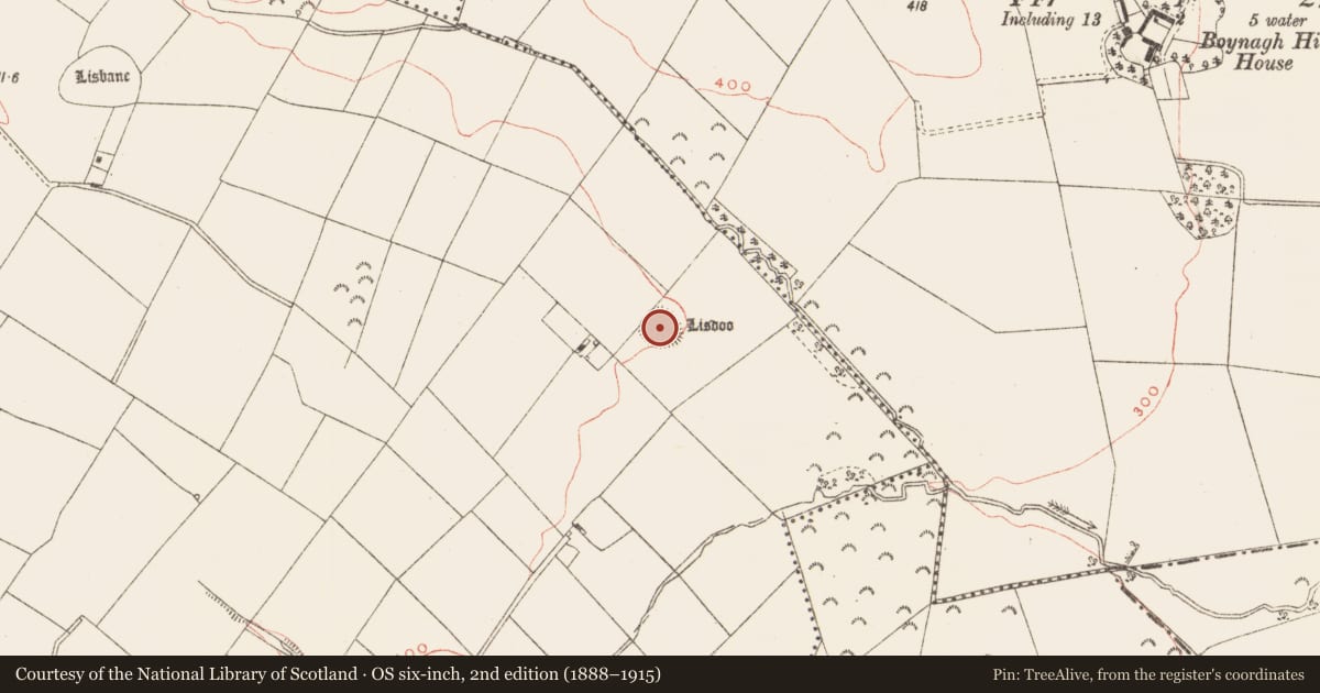 Ordnance Survey six-inch map, 2nd edition (1888–1915) covering the location of Ringfort - rath, Ardmaghbreague, County Meath, with a pin at the register's coordinates