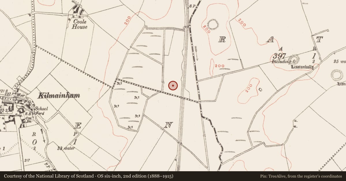 Ordnance Survey six-inch map, 2nd edition (1888–1915) covering the location of Enclosure, Coole, County Meath, with a pin at the register's coordinates