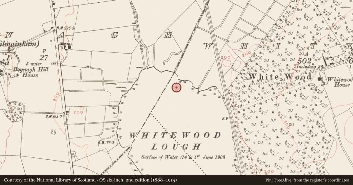 Ordnance Survey six-inch map, 2nd edition (1888–1915) covering the location of Crannog, Whitewood, County Meath, with a pin at the register's coordinates