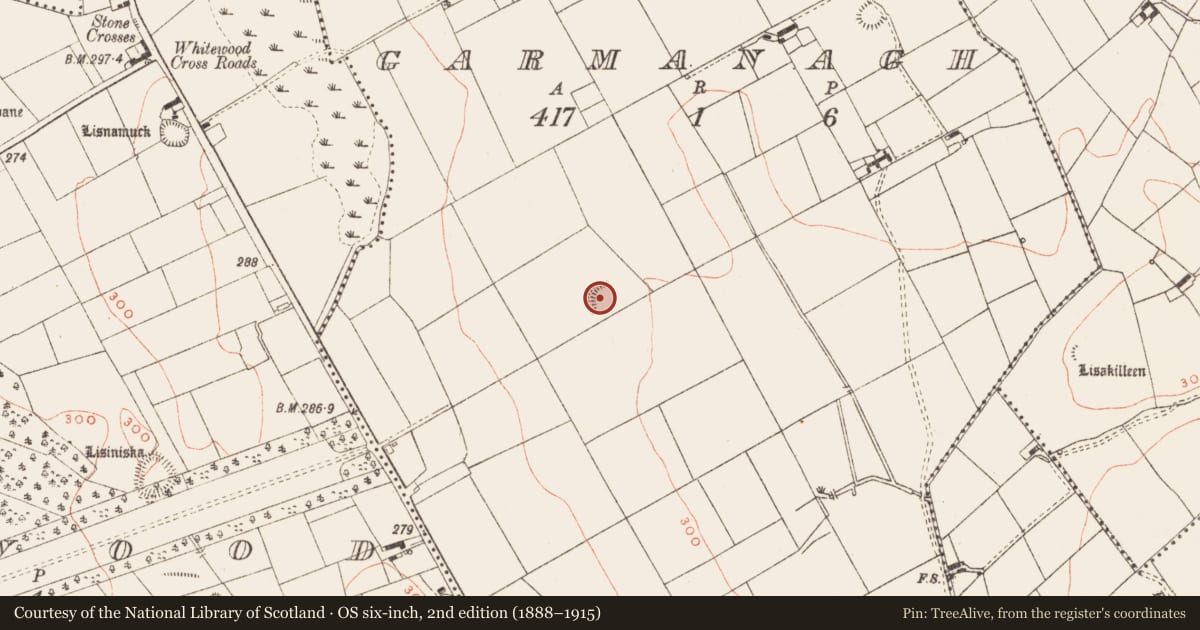 Ordnance Survey six-inch map, 2nd edition (1888–1915) covering the location of Ringfort - rath, Garmanagh, County Meath, with a pin at the register's coordinates