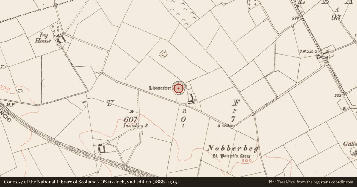 Ordnance Survey six-inch map, 2nd edition (1888–1915) covering the location of Ringfort - rath, Muff, County Meath, with a pin at the register's coordinates