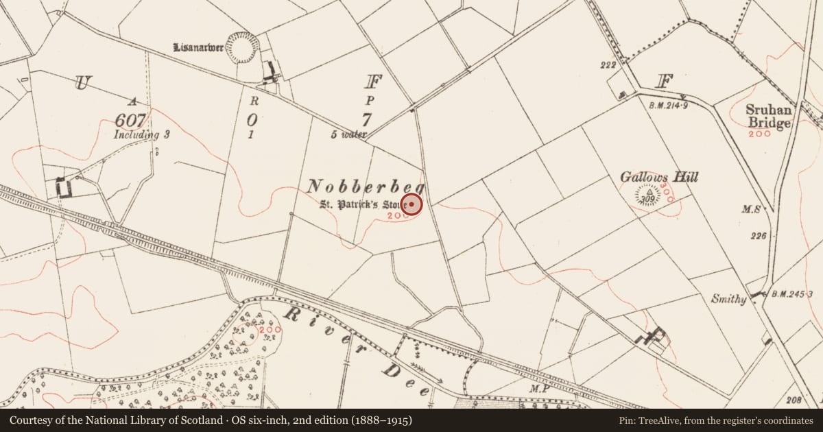 Ordnance Survey six-inch map, 2nd edition (1888–1915) covering the location of Cross, Muff, County Meath, with a pin at the register's coordinates