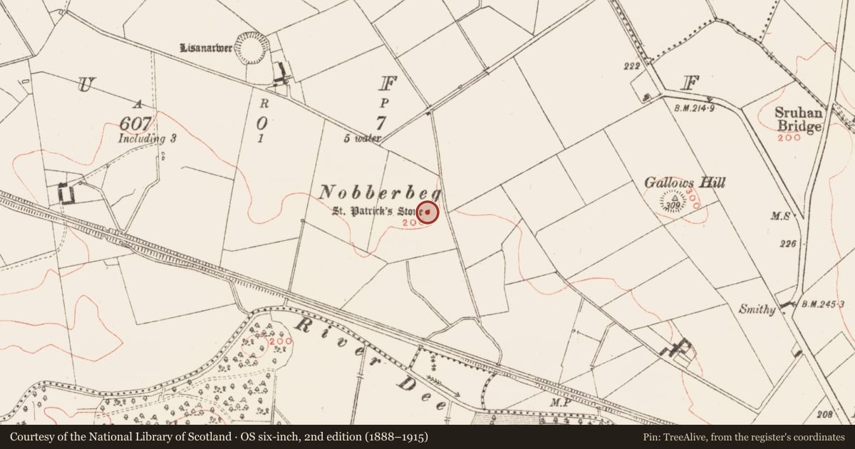 Ordnance Survey six-inch map, 2nd edition (1888–1915) covering the location of Bullaun stone, Muff, County Meath, with a pin at the register's coordinates