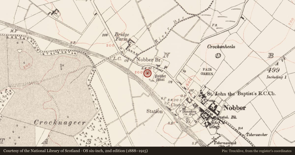Ordnance Survey six-inch map, 2nd edition (1888–1915) covering the location of Castle - motte and bailey, Nobber, County Meath, with a pin at the register's coordinates