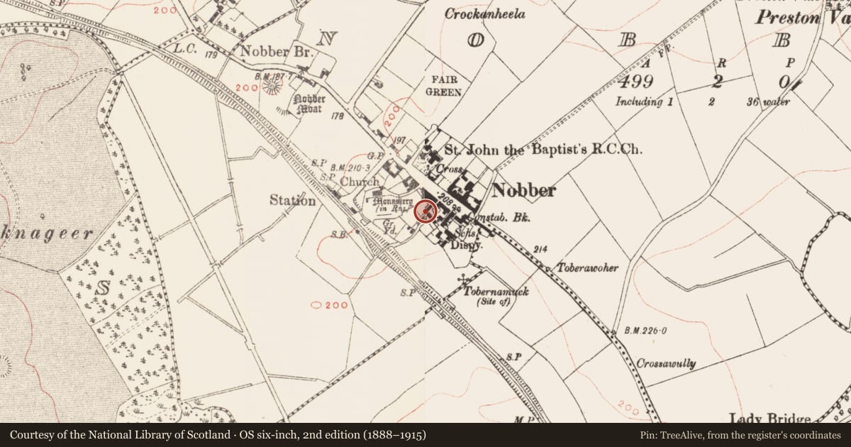 Ordnance Survey six-inch map, 2nd edition (1888–1915) covering the location of Historic town, Nobber, Spiddal, County Meath, with a pin at the register's coordinates