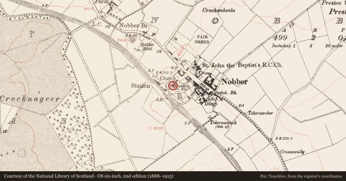 Ordnance Survey six-inch map, 2nd edition (1888–1915) covering the location of Church, Nobber, County Meath, with a pin at the register's coordinates