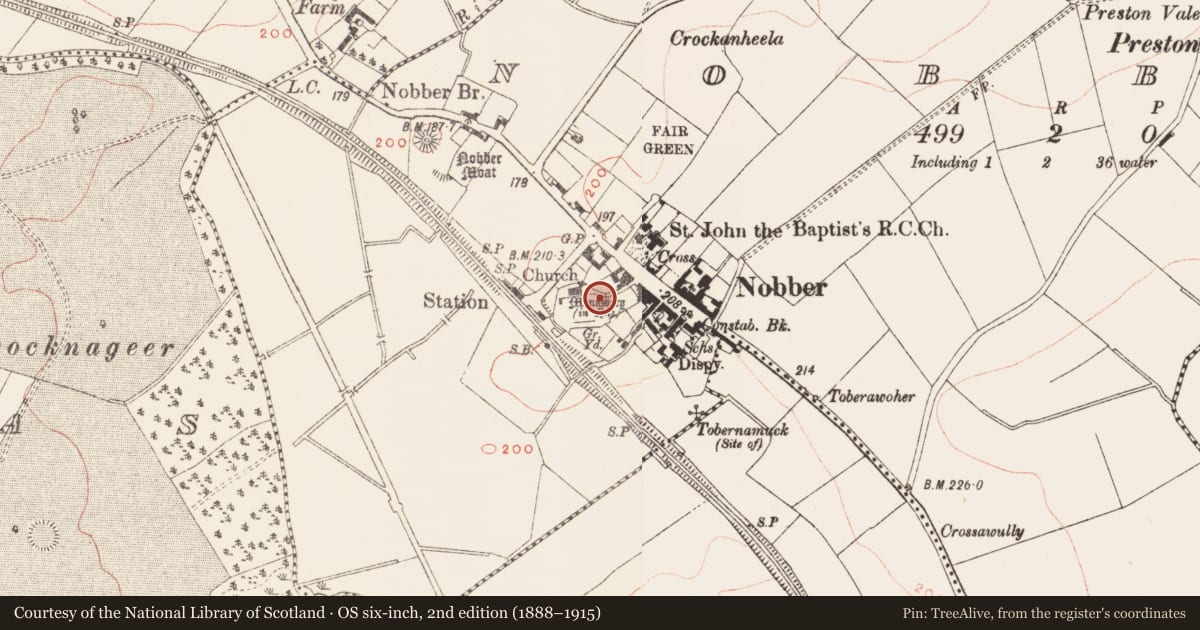 Ordnance Survey six-inch map, 2nd edition (1888–1915) covering the location of Cross - High cross, Nobber, County Meath, with a pin at the register's coordinates