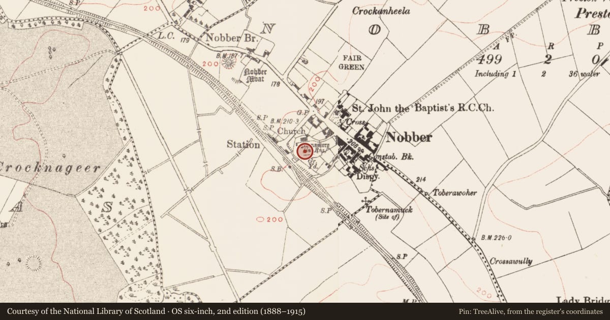Ordnance Survey six-inch map, 2nd edition (1888–1915) covering the location of Graveyard, Nobber, County Meath, with a pin at the register's coordinates