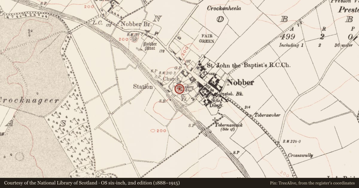 Ordnance Survey six-inch map, 2nd edition (1888–1915) covering the location of Cross - High cross, Nobber, County Meath, with a pin at the register's coordinates