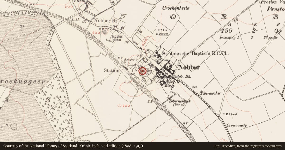 Ordnance Survey six-inch map, 2nd edition (1888–1915) covering the location of Tomb - effigial, Nobber, County Meath, with a pin at the register's coordinates