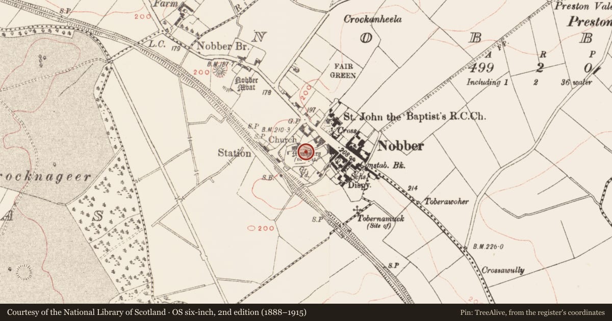 Ordnance Survey six-inch map, 2nd edition (1888–1915) covering the location of Cross - Churchyard cross, Nobber, County Meath, with a pin at the register's coordinates