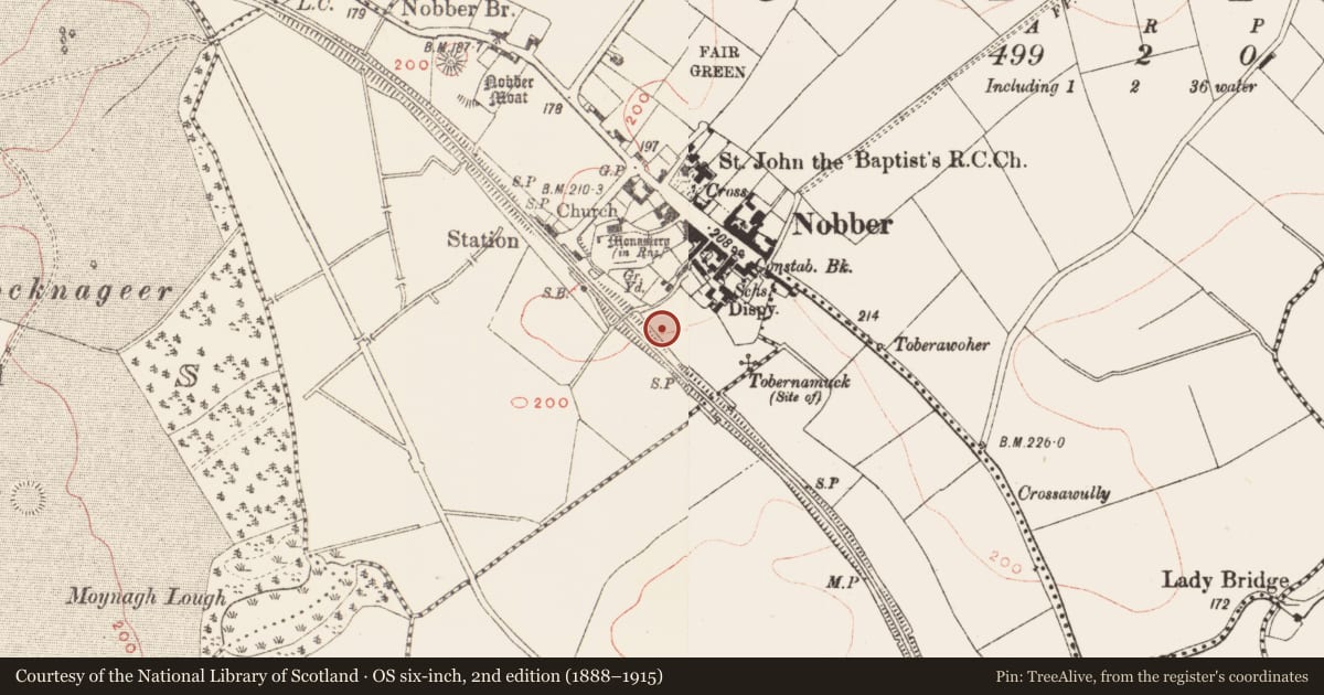 Ordnance Survey six-inch map, 2nd edition (1888–1915) covering the location of Habitation site, Nobber, County Meath, with a pin at the register's coordinates