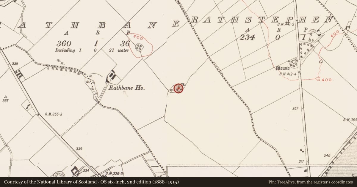 Ordnance Survey six-inch map, 2nd edition (1888–1915) covering the location of Souterrain, Rathbane, County Meath, with a pin at the register's coordinates