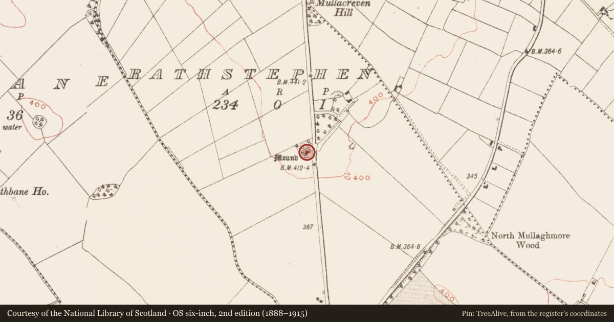 Ordnance Survey six-inch map, 2nd edition (1888–1915) covering the location of Earthwork, Rathstephen, County Meath, with a pin at the register's coordinates